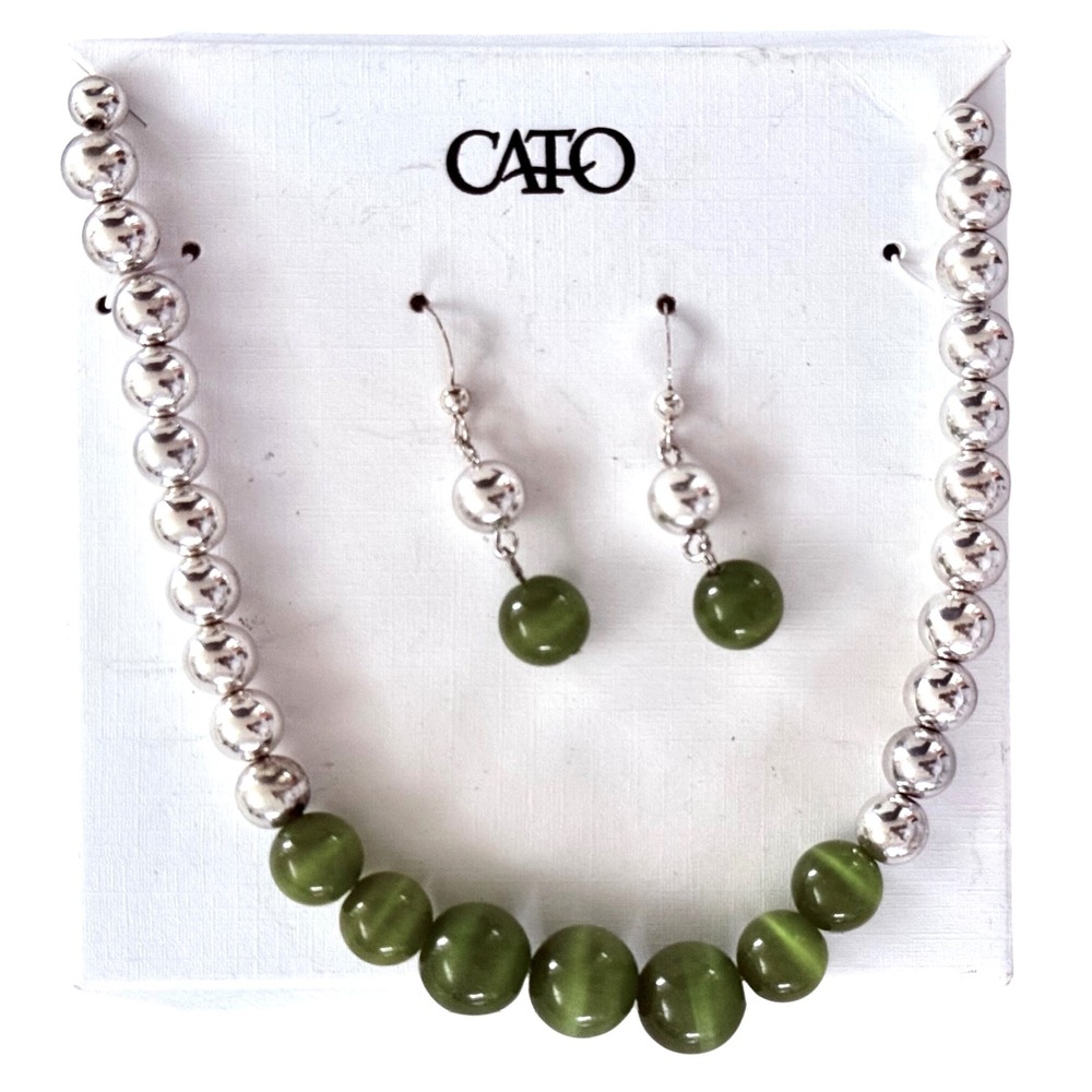 Cato Green Bead Necklace & Earrings Set – New On Card, Silver Tone & Olive Green